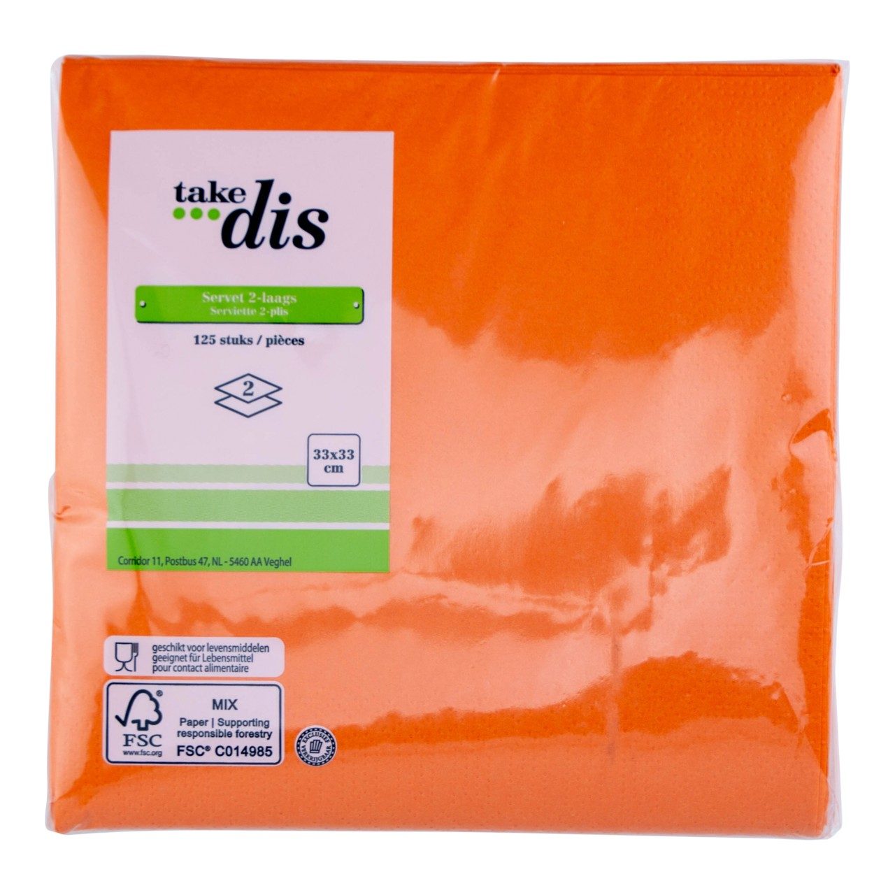 Servetten Take dis 2 laags oranje 33 x 33 cm 125 stuks